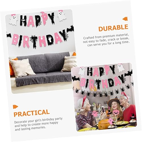 Miniatura 7 de Decoración de Halloween, 1 juego de bandera de cumpleaños, decoraciones rosadas, decoraciones de fiesta de Halloween, pancartas de cumpleaños,