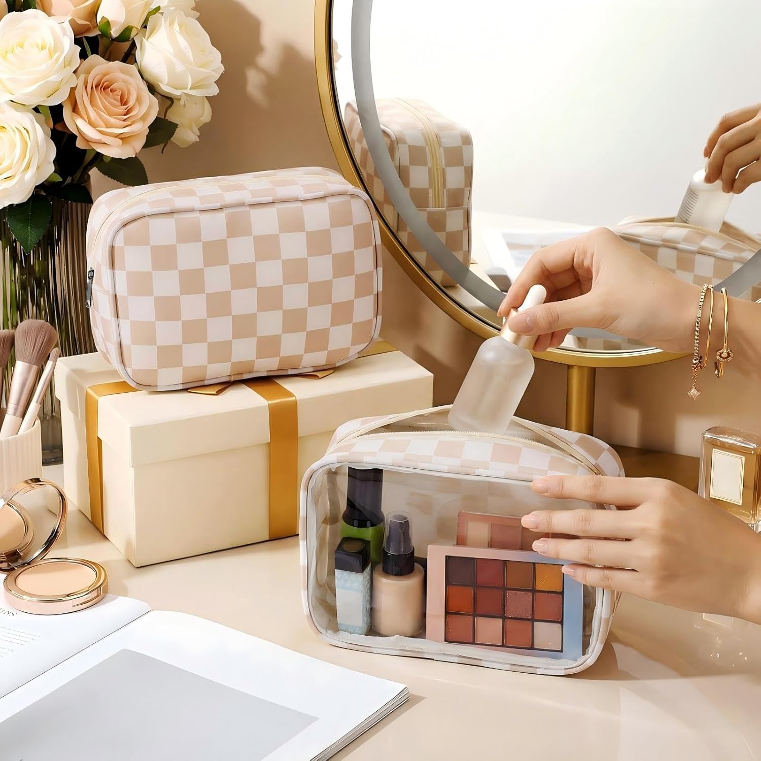 Lewtemi 6 Pcs Clear Checkered Toiletry Bag Travel Beach Makeup Pouch with Zipper Waterproof Cosmetic Bag Skincare Sunscreen Medicine Bridal Shower Graduation Gift for Women(Khaki Checkerboard)