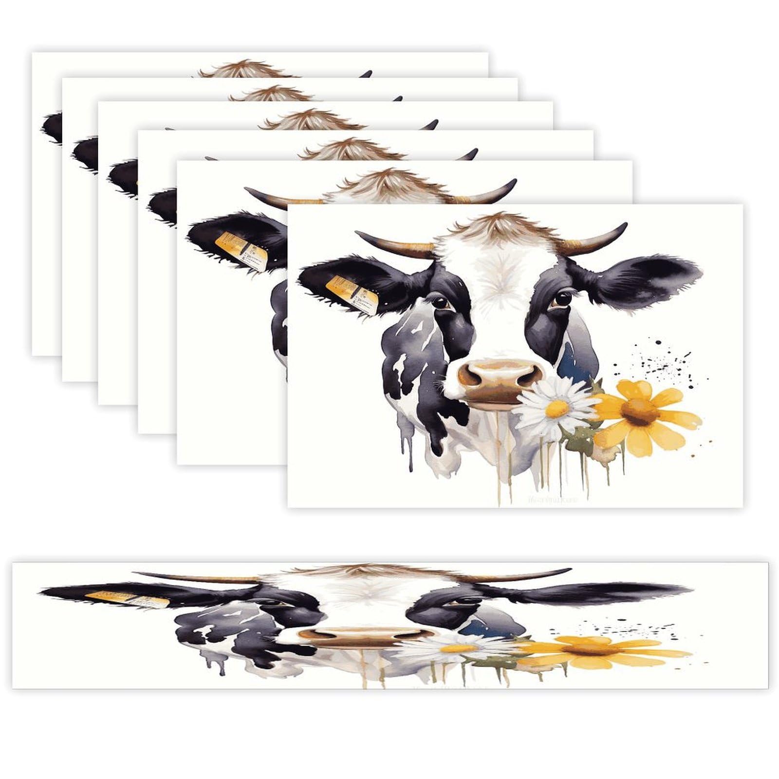 Watercolor Cow and Daisy Flower Table Runner and Placemats Set of 6 Wipe Clean Heat Resistant Table Mat with Table Runner Decorations Flax Linen Place Mat Set for Home Kitchen Party Supplies