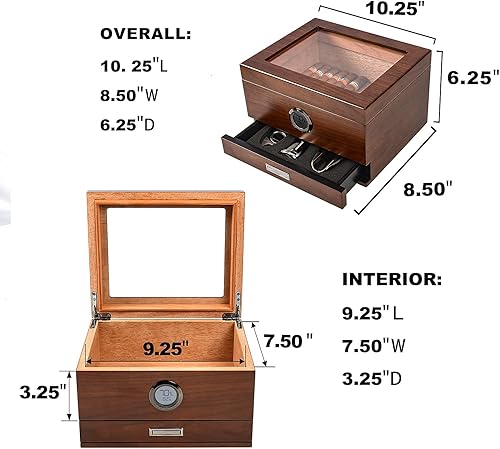 Miniatura 5 de Humidor de puros, humidificador superior de vidrio de cedro español hecho a mano, caja de escritorio de cigarros, higrómetro digital preciso con