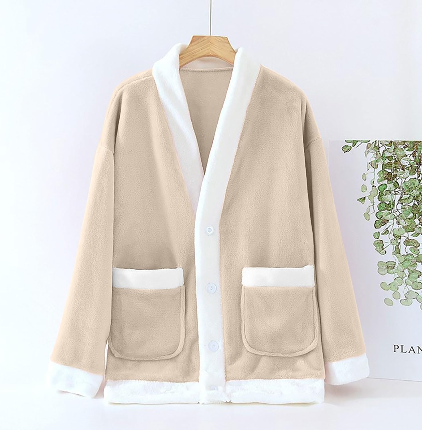 Fleece Jacket Women Cozy Warm Bed Jackets for Elderly Women Fuzzy V Neck Button Up Sleepwear Long Sleeve Winter Coat - Image 3