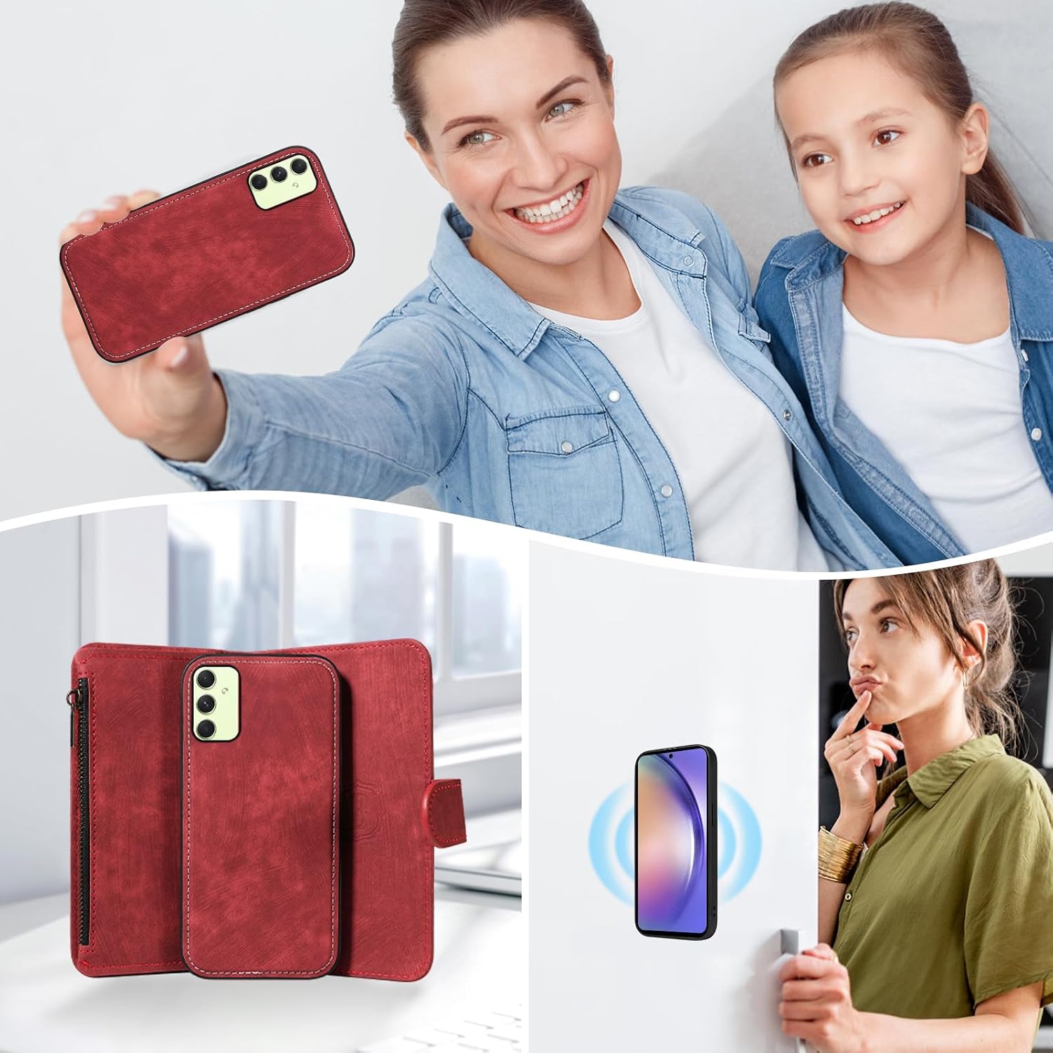 Asuwish Phone Case for Samsung Galaxy A54 5G Zipper Wallet Detachable Magnetic Cover with Tempered Glass Screen Protector Crossbody Lanyard Card Holder A545G A 54 54A 4G G5 SM A546U Women Girls Red