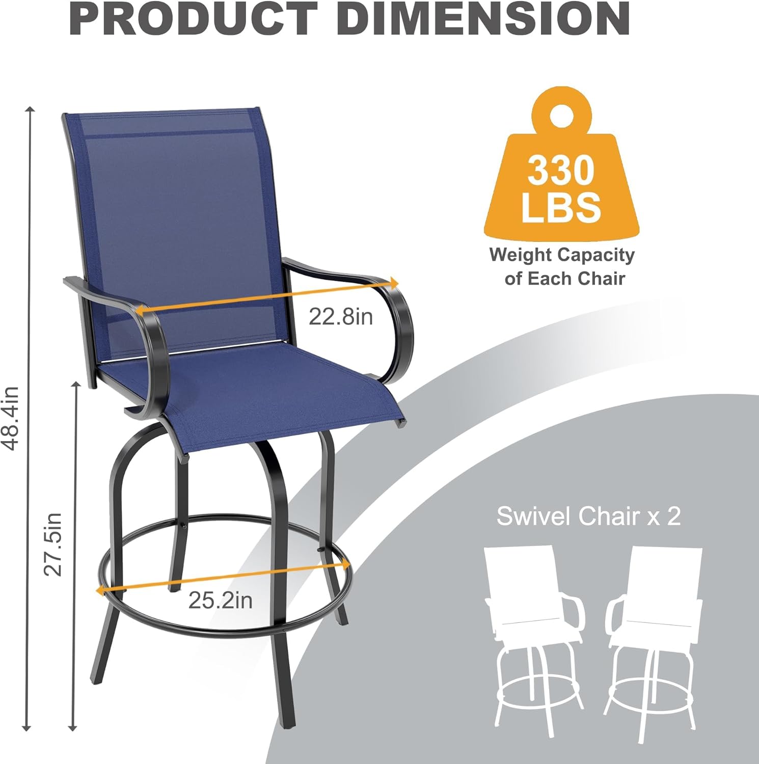 Patio Bar Stools Set of 2, Patio High Swivel Bar Stools with High Back and Armrest, All Weather Textile Seat, Rust-Resistant Metal Frame, Outdoor Bar Chair for Deck Lawn Garden, Blue