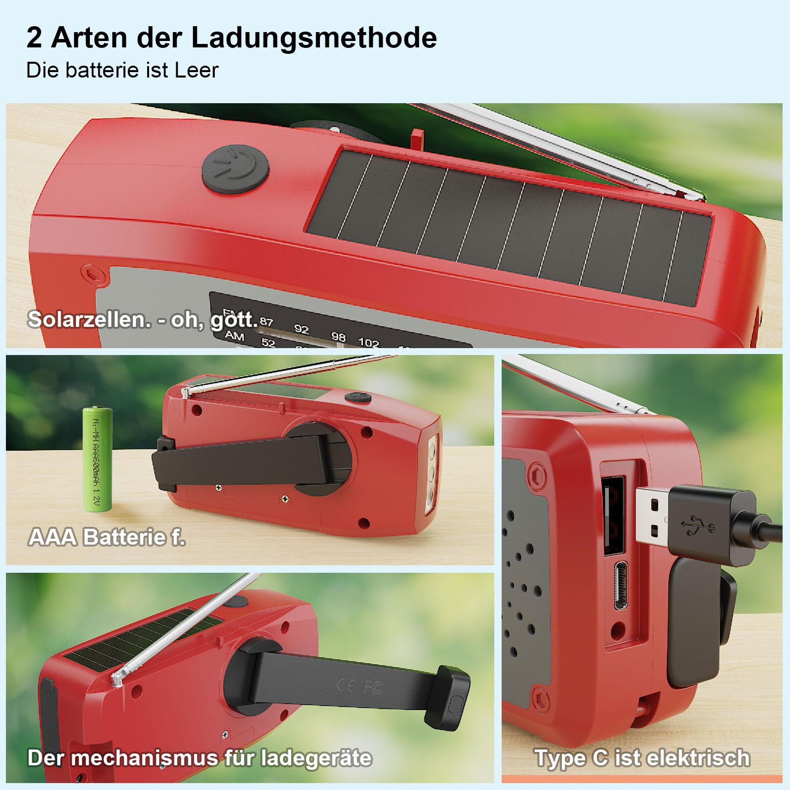 Radio Solaire d’Urgence, Radio à Manivelle Auto-alimentée avec Batterie Rechargeable 2000mAh, AM/FM Radio Solaire avec Lampe de Poche LED, Alarme SOS pour Camping Randonnée Survie, Rouge