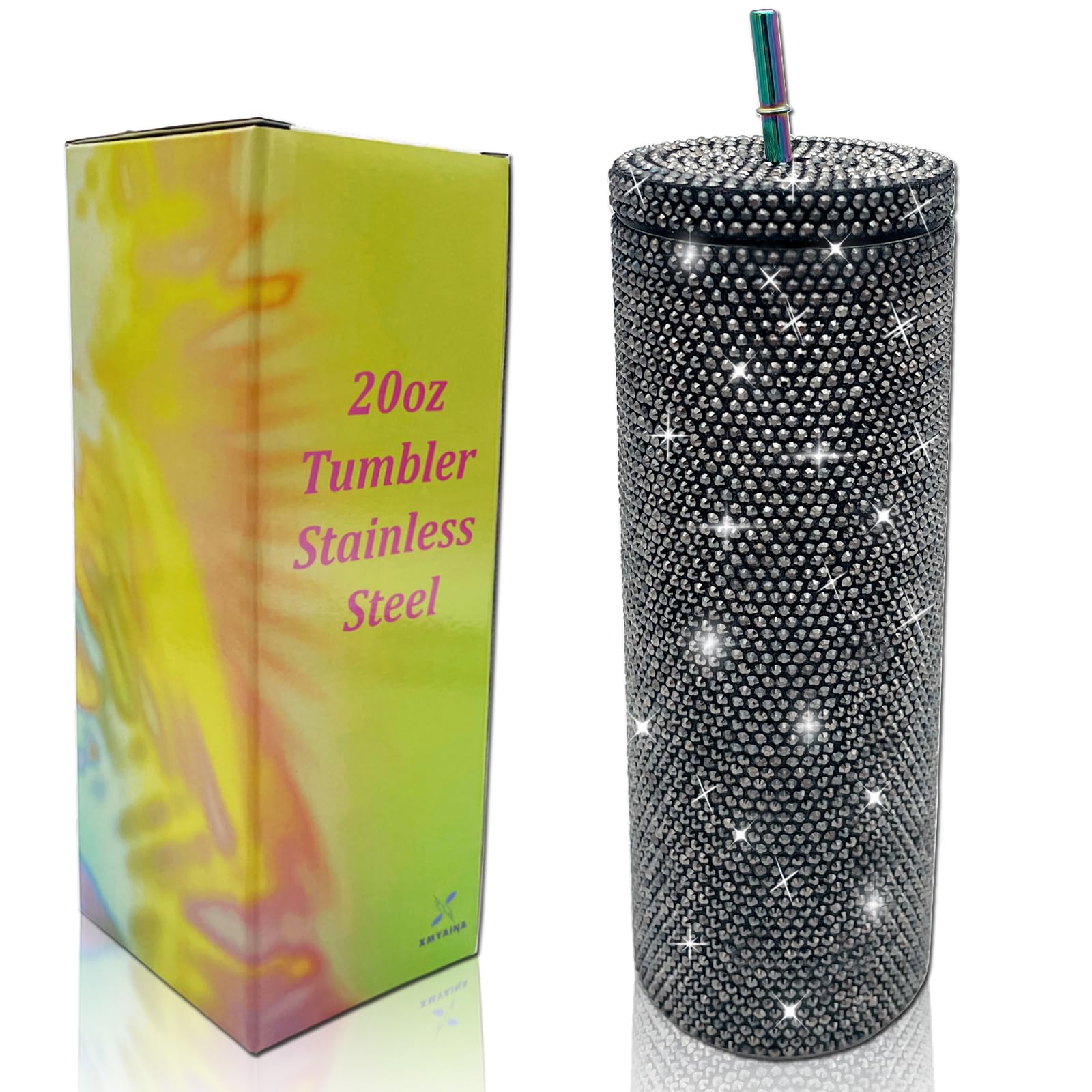 20oz Bling Diamond Tumbler with Lid and Straw Studded Skinny Tumbler Stainless Steel Vacuum Insulated Water Bottle Double Wall Iced Coffee Mug Reusable Glitter Cups (Black AB)
