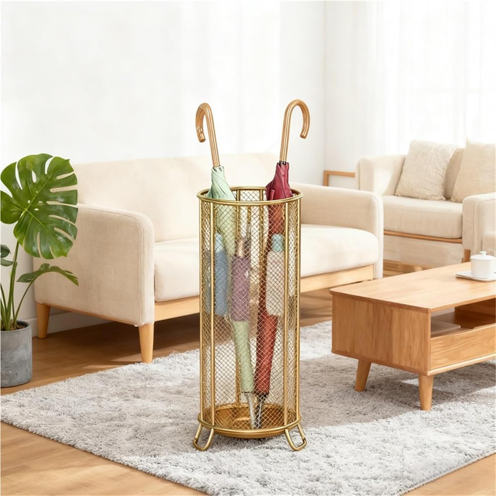 GHHVFEC Umbrella Stand, Freestanding Umbrella Holder with Drain Tray and Hooks, Modern Umbrella Rack for Entrance and Office