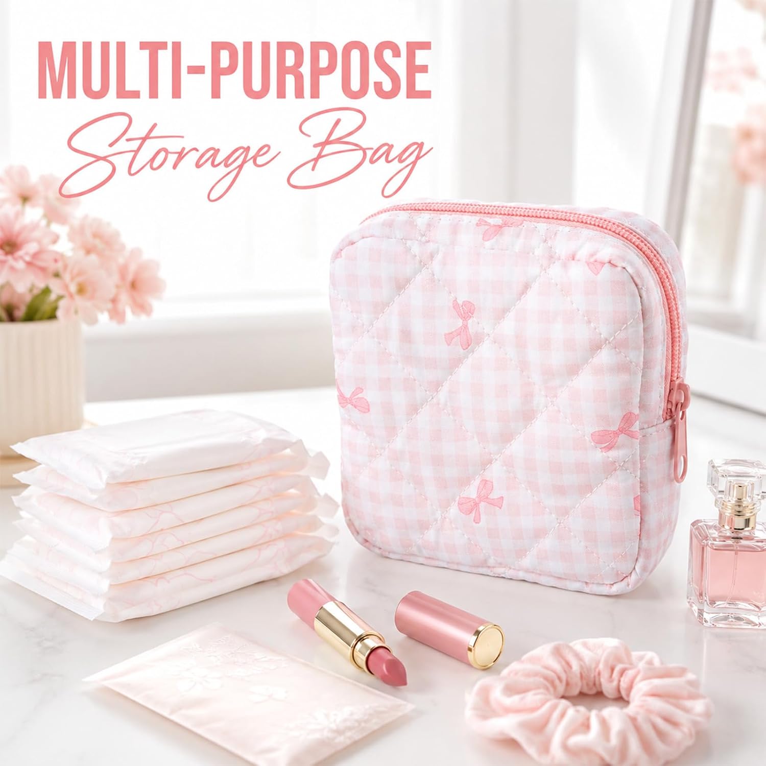 Period Bags for Teen Girls, Pink Bow Sanitary Napkin Storage Period Pouches for Teen Girls, Portable Menstrual Pad Pouch Tampon Holder for Purse, First Period Kit for Girls