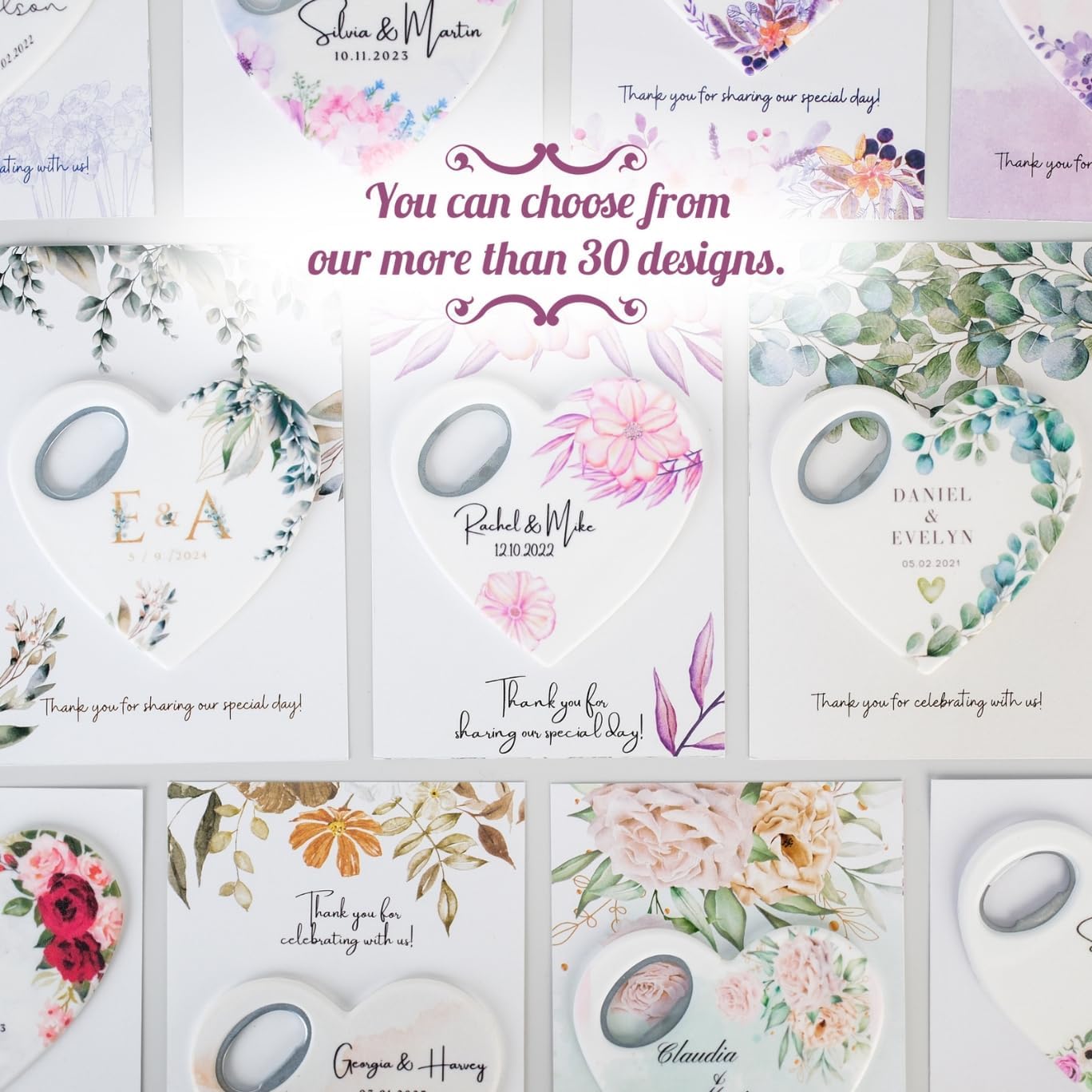 Personalized Wedding Favor Magnet Opener, Bridal Shower Favor for Guests, Heart Shaped Wedding Souvenirs and Thank You Card Magnet Opener, Custom Favor (Pack of 20) (Bottle Opener + Thank You Card)