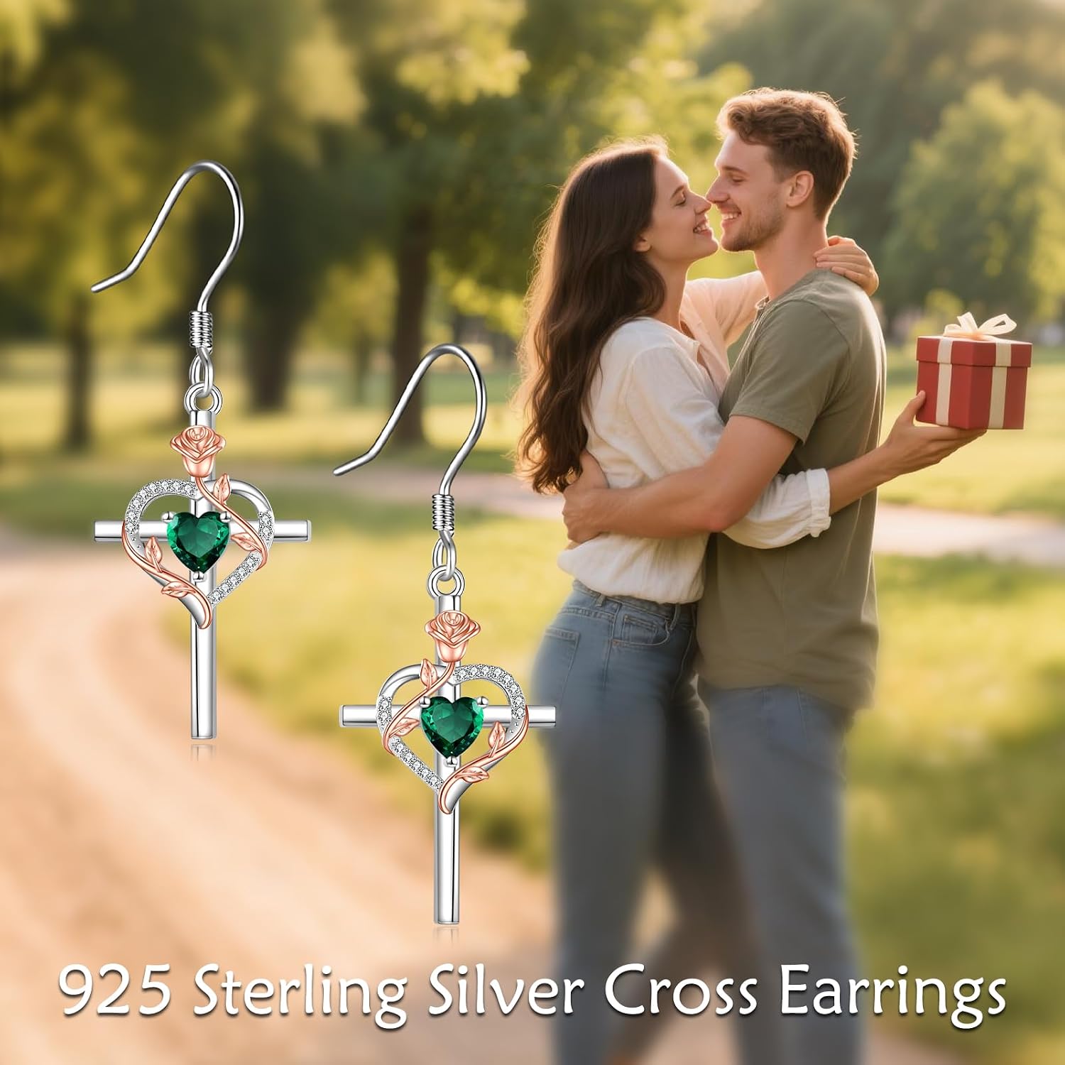 Cross Earrings for Women 925 Sterling Silver Rose Heart Crucifix Dangle Earrings, Birthstone Leverback， Anniversary Birthday Christmas Jewelry Gifts for Mother Wife Sister Her