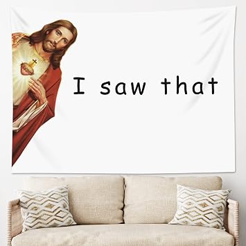 LB Funny Jesus Tapestry Wall Hanging Jesus Christ I Saw That Christmas Wall Tapestry for Bedroom Aesthetic Black and White Funny Words Wall Art for Living Room College Dorm Decor, 60Wx40H inch