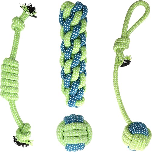 Miniatura 8 de Depets Juguete de cuerda para perro, 4 unidades surtidas de juguetes masticables para cachorros, juguete duradero con nudo de cuerda, juguetes de