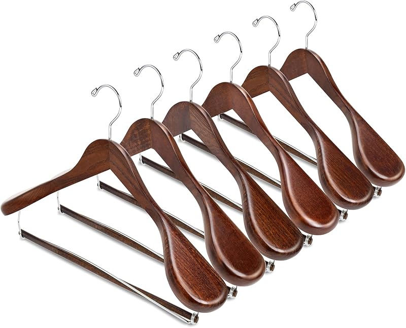 6 Pack Retro Wide Shoulder Wooden Suit Hangers | Wood Coat Hangers with Non Slip Locking Bar, Clothes Hangers for Jackets, Sweaters, Pants & Heavy Clothes