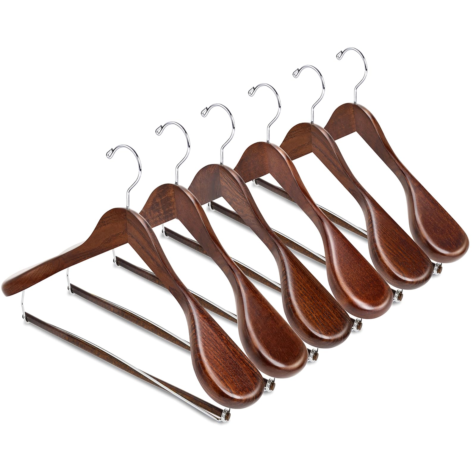 Amber Home Paquete de 6 perchas de madera retro con hombros anchos | Perchas de madera con barra de bloqueo antideslizante, perchas de ropa para chaquetas, suéteres, pantalones y ropa pesada
