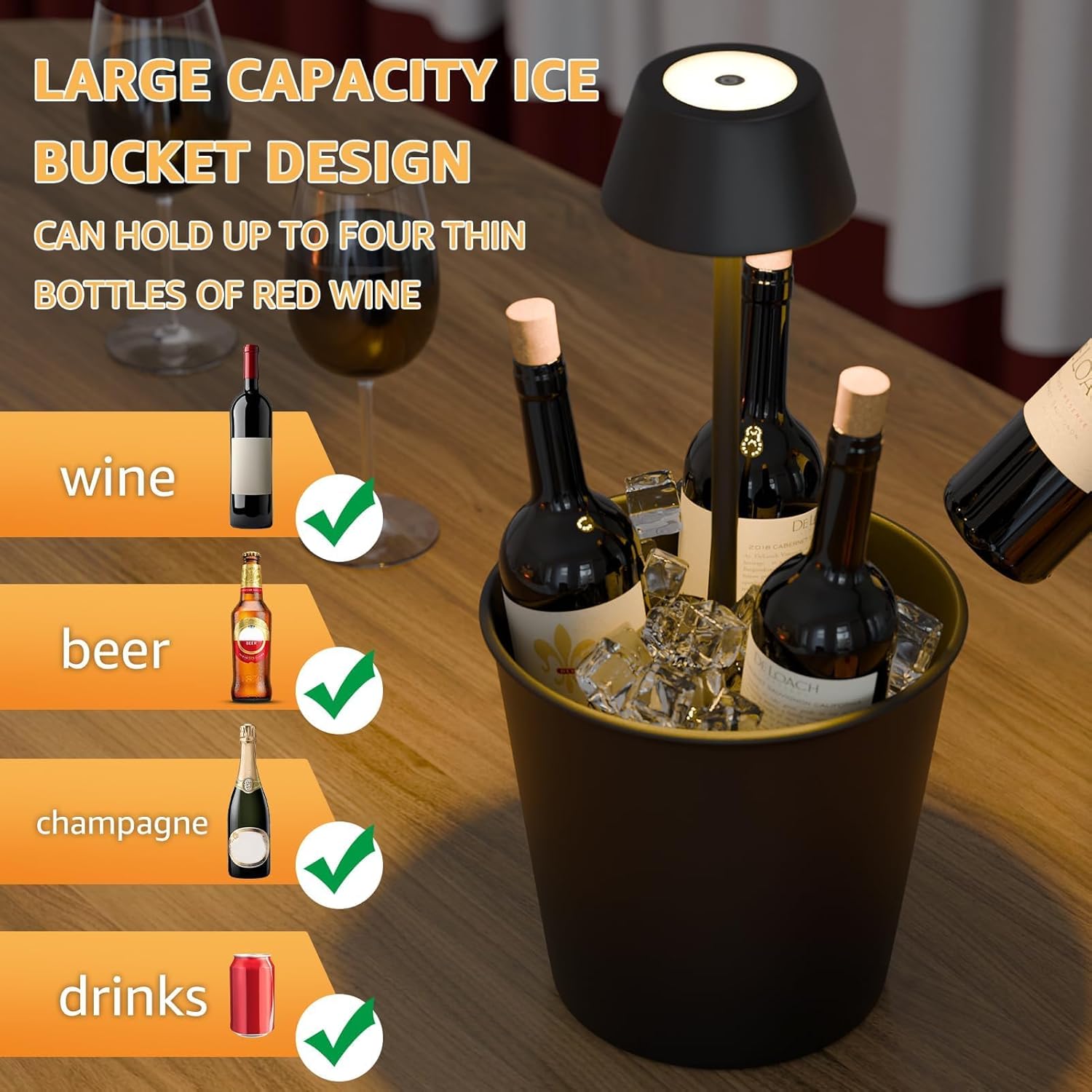 FUYO LED Table Ice Bucket with Warm Light, 2-in-1 Portable Table Lamp and Ice Bucket, Water-Resistant Champagne Modern Wine Drink Beer Beverage for Party/Home/Bar (Medium)
