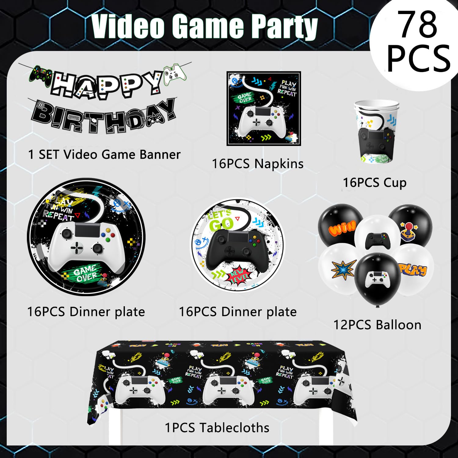 Videogamefeestdecoraties voor jongens, 78 stuks gamer verjaardagsdecoraties en videogamefeestservies - aquarel videogamefeestborden, servetten, tafelkleed, ballonnen, banners, enz. Gamefeestartikelen Videogamefeestdecoraties voor jongens, 78 stuks gamer verjaardagsdecoraties en videogamefeestservies - aquarel videogamefeestborden, servetten, tafelkleed, ballonnen, banners, enz. Gamefeestartikelen