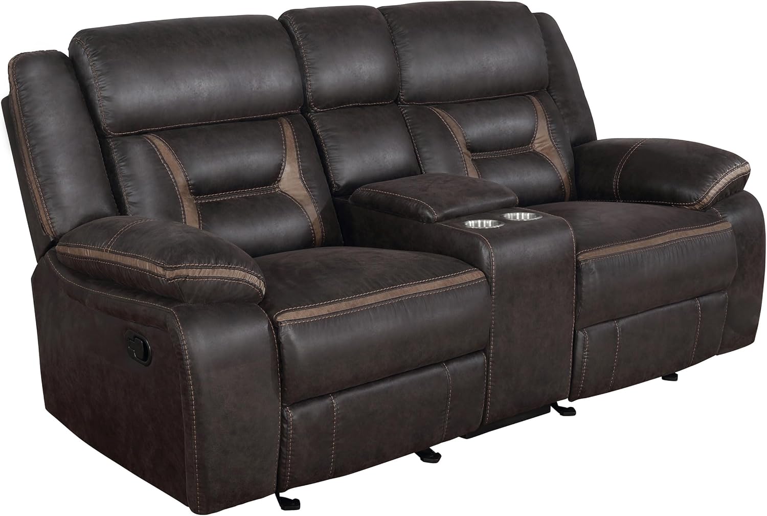 Coaster Home Furnishings - Greer - Faux Leather Upholstered Motion Reclining Loveseat with Console, Lift-Top Container, and Built-in Cupholders - Living Room & Home Theater - Brown - 651355