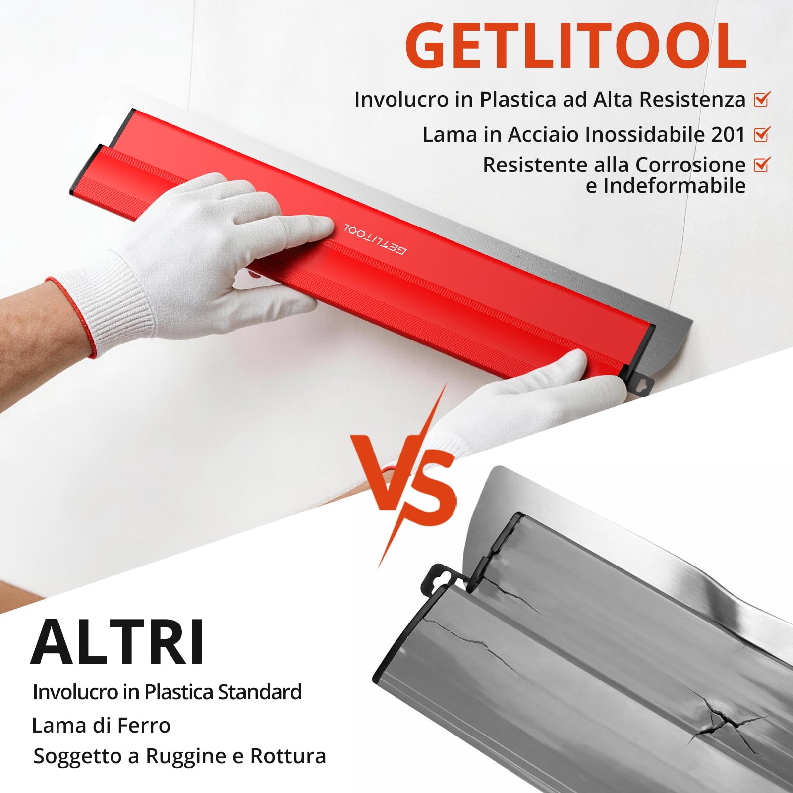 GETLITOOL Set 5 Spatole per Stucco 15-80cm con Lame in Acciaio Inox e Ricambi, Asta Telescopica 80-130cm e Clip, Kit Completo con Valigetta per Pareti e Soffitti in Cartongesso Cemento e Calcestruzzo