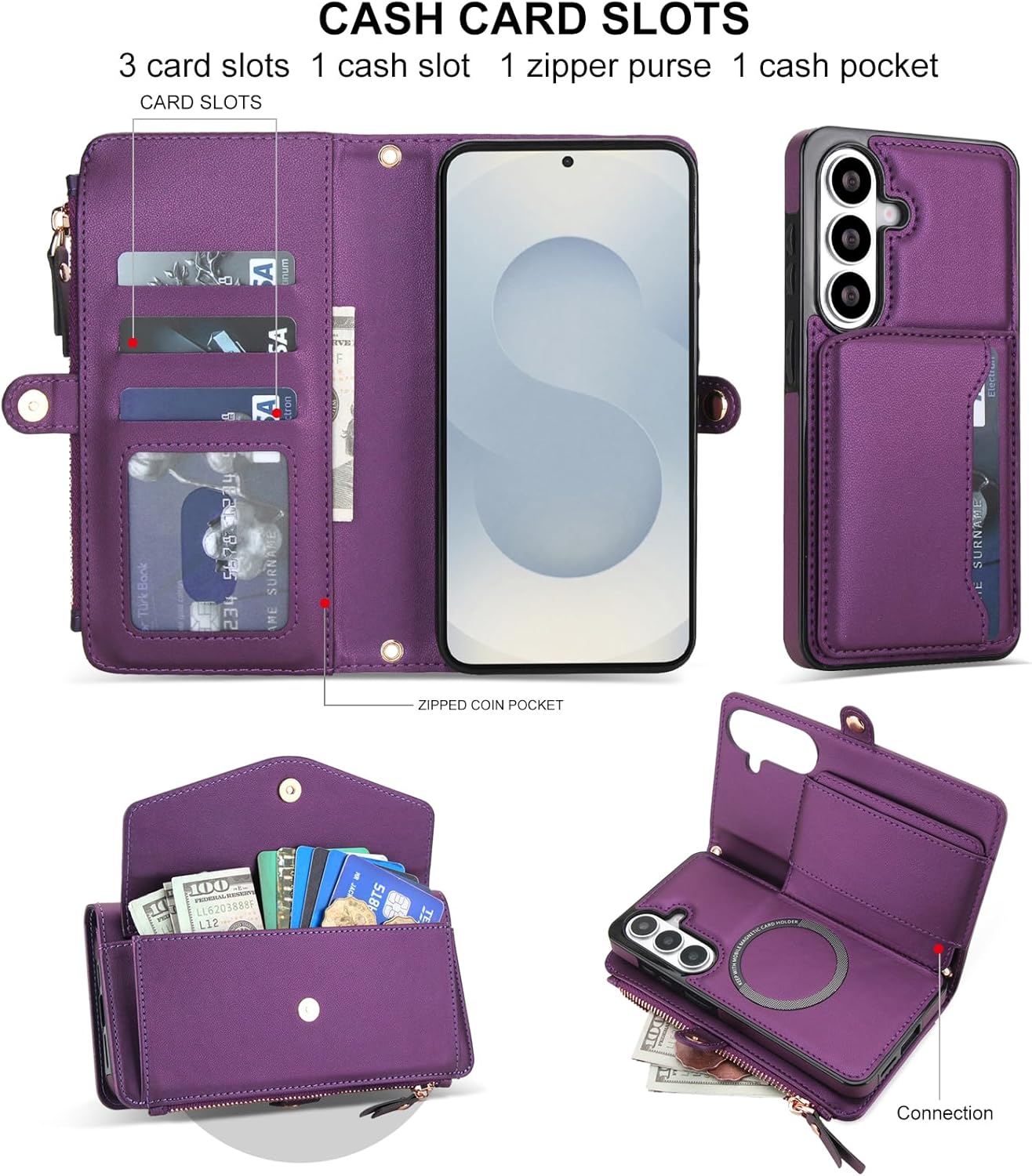 Phone Case for Samsung Galaxy S26 Plus S26+ 5G Wallet Cover Compatible with Magsafe RFID Screen Protector Crossbody Lanyard Strap Flip Card Holder Slot Zipper S 26 + 26+ S26Plus SM-S947U Dark Purple