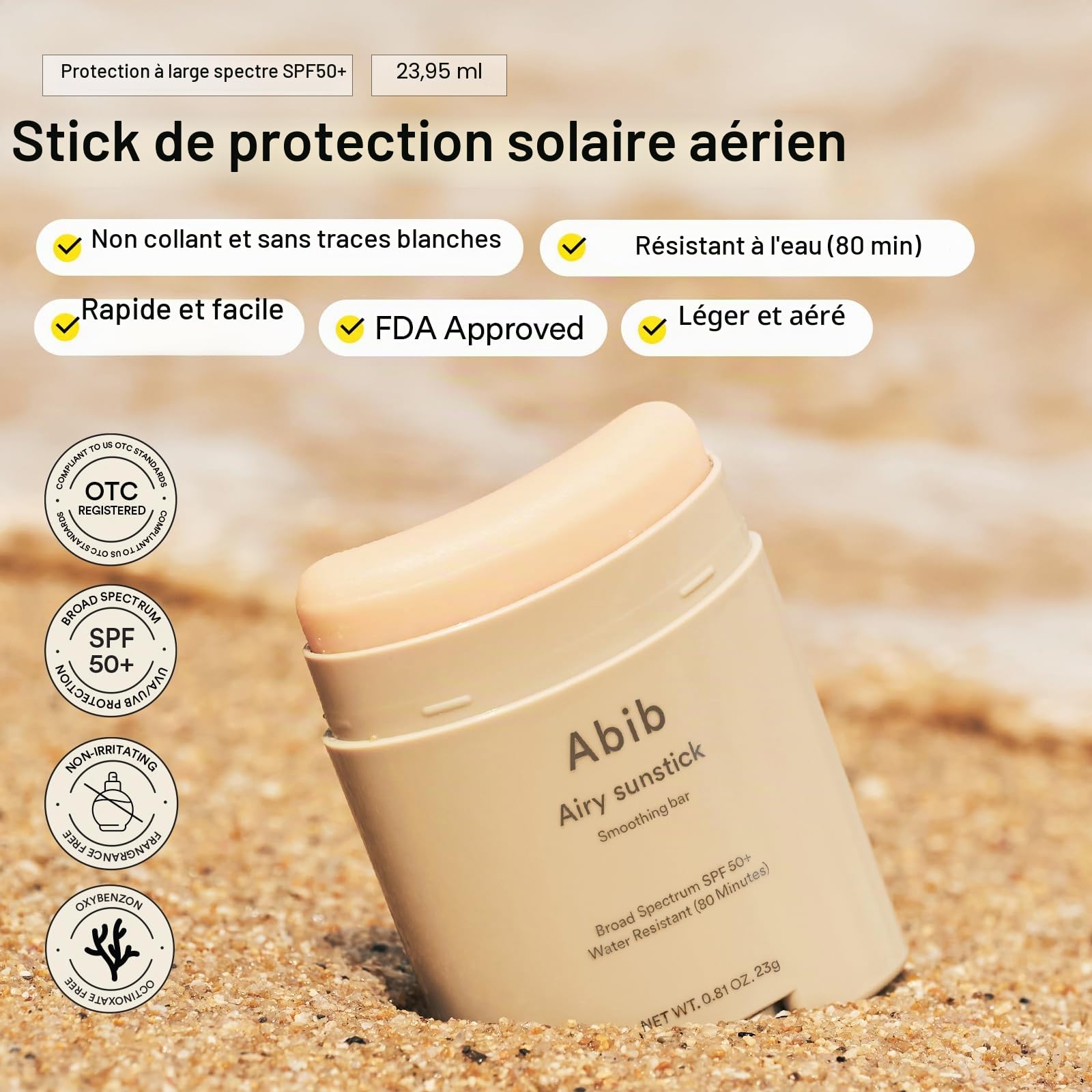 Abib Airy Sunstick Smoothing Bar Spf50 | Crème solaire à finition mate non adhésive pour le visage et le corps, barre solaire longue durée coréenne