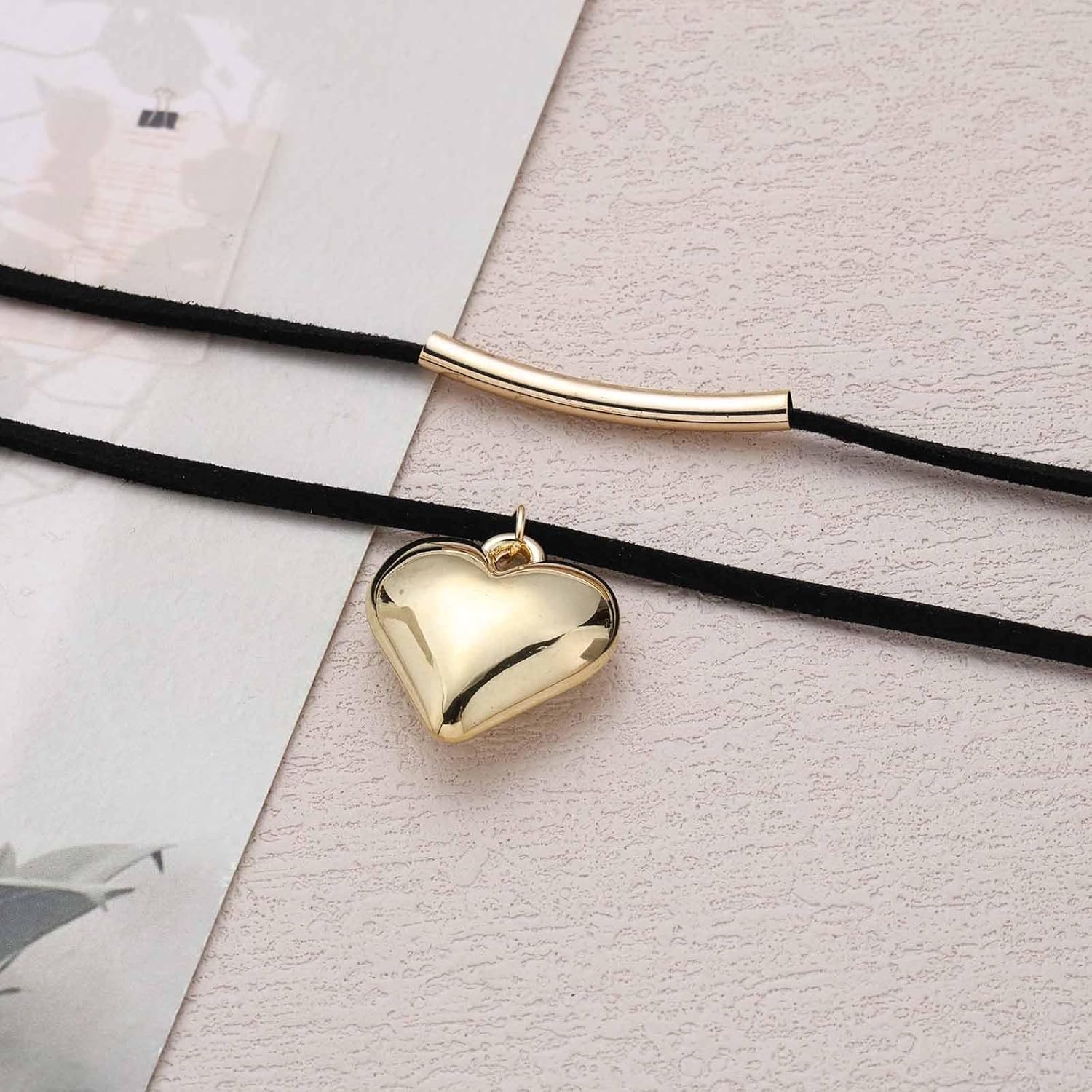Vintage Layered Black Leather Choker Gold Heart Love Pendant Necklace Arc Bar Choker Necklace Short Black Cord Necklace Boho Suede Choker Necklace for Women - Image 5