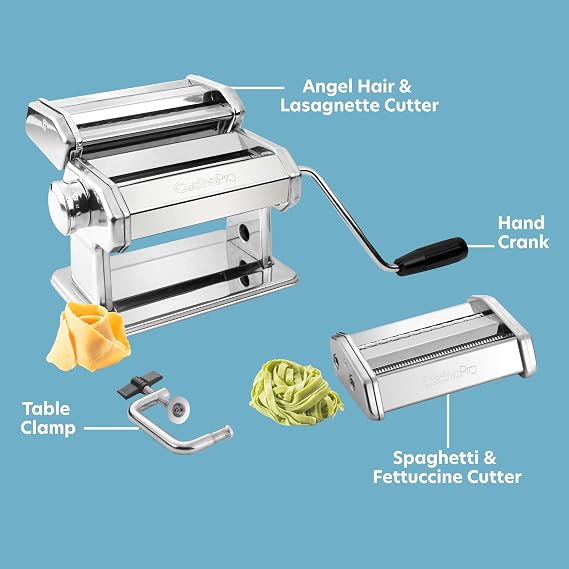 Pasta Maker Machine- Steel Construction, Spaghetti & Fettucine Attachments | Rollers w Adjustable Thickness Settings, Heavy Duty, Chrome Coated Roller, Manual Hand Crank for Precise Noodles with Recipes