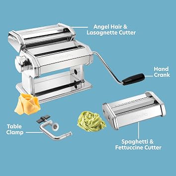 Pasta Maker Machine- Steel Construction, Spaghetti & Fettucine Attachments | Rollers w Adjustable Thickness Settings, Heavy Duty, Chrome Coated Roller, Manual Hand Crank for Precise Noodles with Recipes