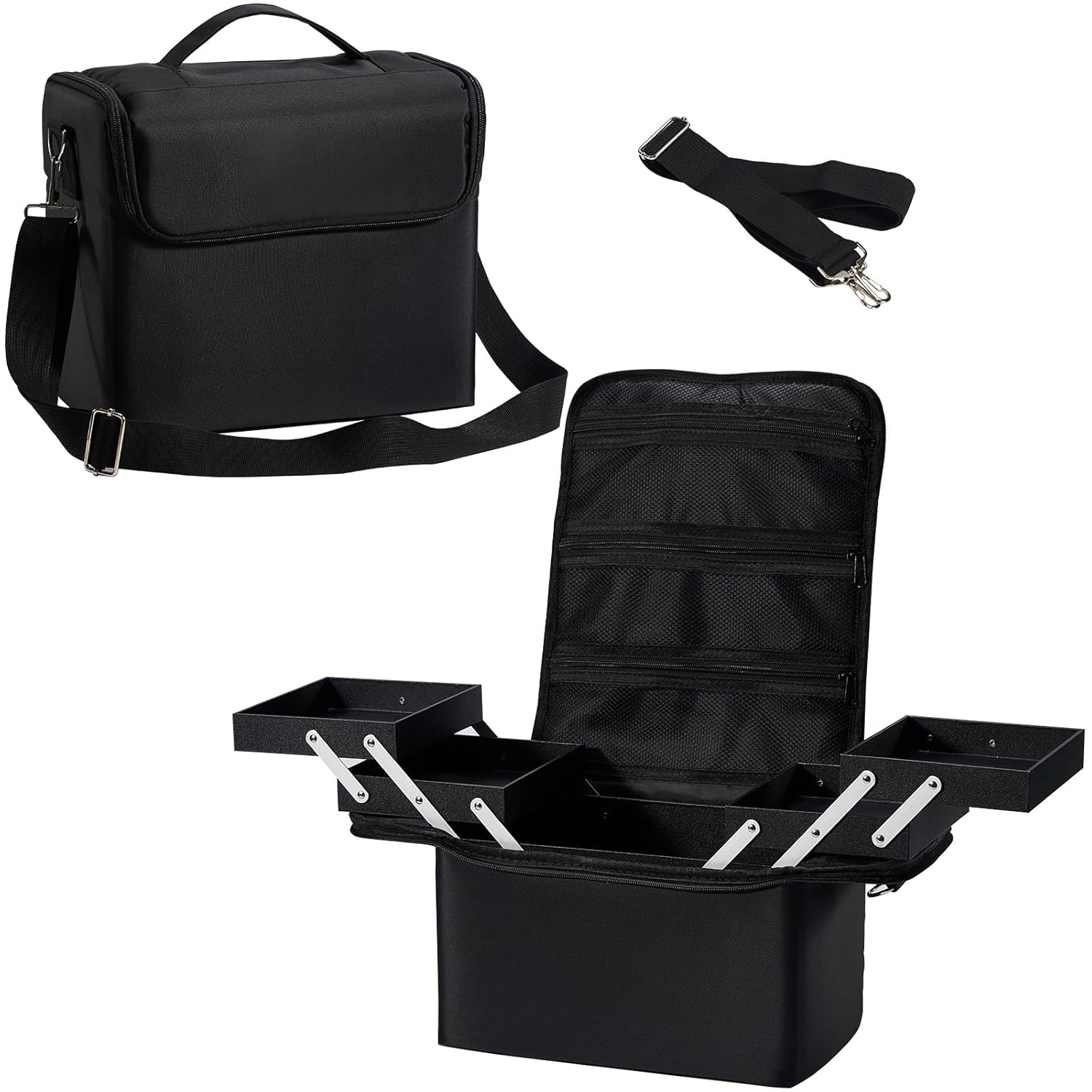 Large Makeup Case,Nail Bag with 4 Tier, Travel Makeup Box Organizer,Nail Kit Storage Tattoo Bag Make Up Case for women/Nail Art/Eyelash Extension/Tattoo/MUA, with luggage sleeve, Black