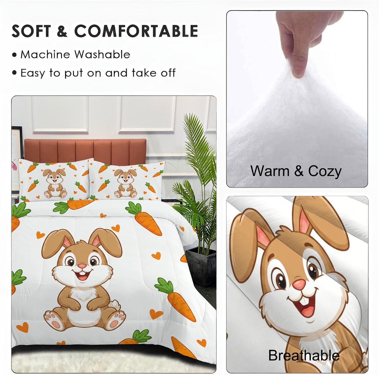 Cartoon Children Quilt King Size Light Brown Quilt Bedding Set | 3 Pieces Soft Lightweight Microfiber Rabbit Carrot Bedspread Coverlet Set for All Season, 104"X90"
