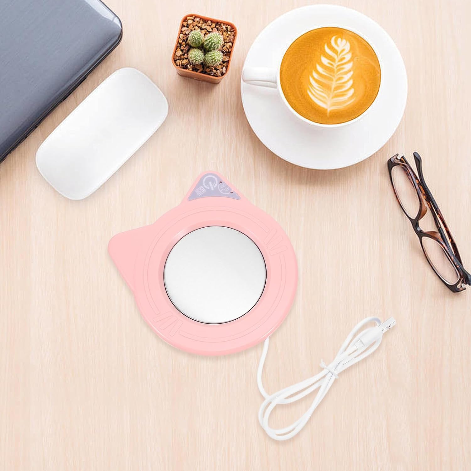 Cat-Shaped USB Coffee Mug Warmer Electric Beverage Heating Cup Coaster Constant Temperature Cute Pink USB Powered Hot Drink Warmer for Office and Home Use