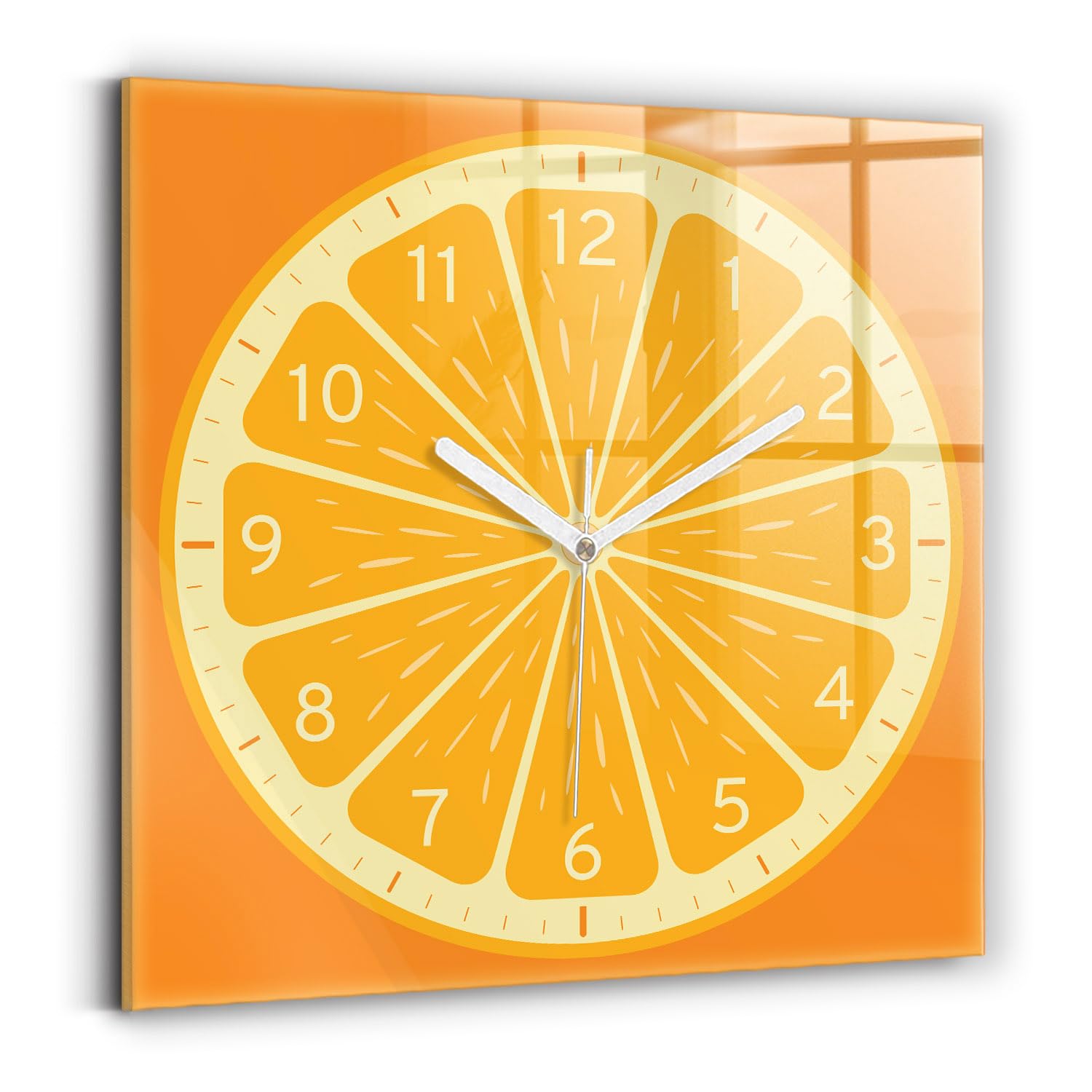 Horloge murale orange silencieuse Wallfluent 30x30 cm pour un intérieur apaisant