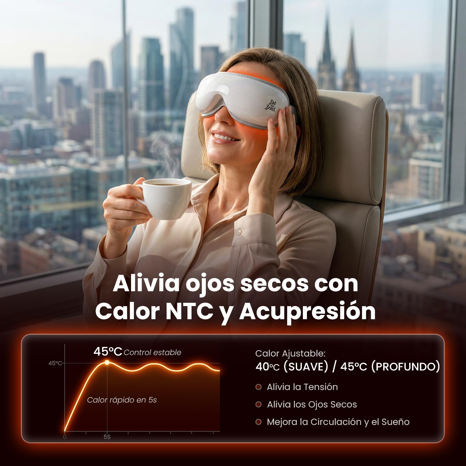 Bob and Brad EyeOasis 3 Masajeador de ojos con calor y frío, gafas presoterapia ocular con música y compresión, masajeador para migrañas, sequedad y fatiga