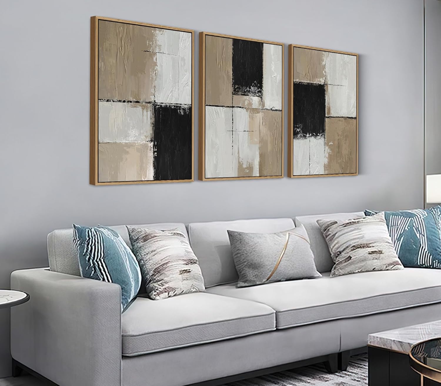 Shoci Large Framed Abstract Wabi Sabi Wall Art Modern Neutral Black Gray Color Block Canvas Artwork Natural Float Framed Minimalist Light Brown Decor for Living Room Bedroom Office 16X24 Inch Set of 3