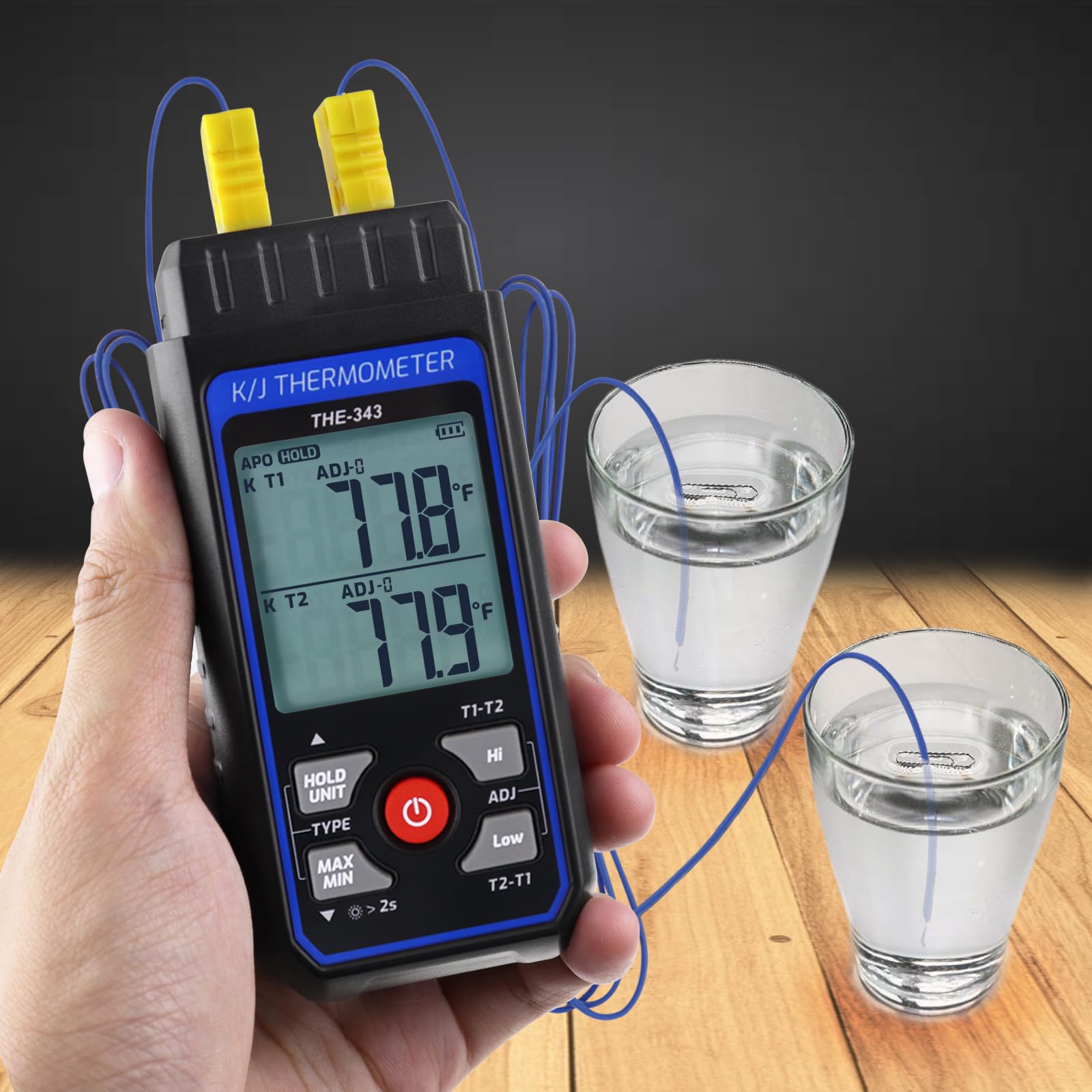Termómetro Digital con Termopar, Medidor de Temperatura HVAC con 2 Pinzas de Temperatura y 2 Sondas de Termopar con Cable, Doble Canal con Alarma y Compensación ADJ (-328~2500 ℉)