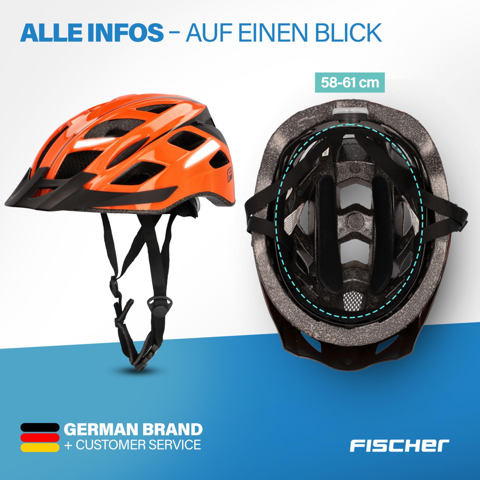 FISCHER Kask rowerowy dla dorosłych, kask rowerowy miejski, rozmiar S/M, 52-59 cm, pomarańczowy, z podświetlanym systemem pierścienia wewnętrznego