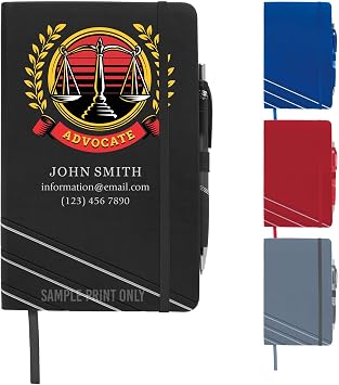 Personalized Notebook Journal 5.75 x 8.50 6 Pack Customized Notebook with Name, Text or Logo - 160 Page Custom Journal, Leatherette Hardcover & Pen - Black