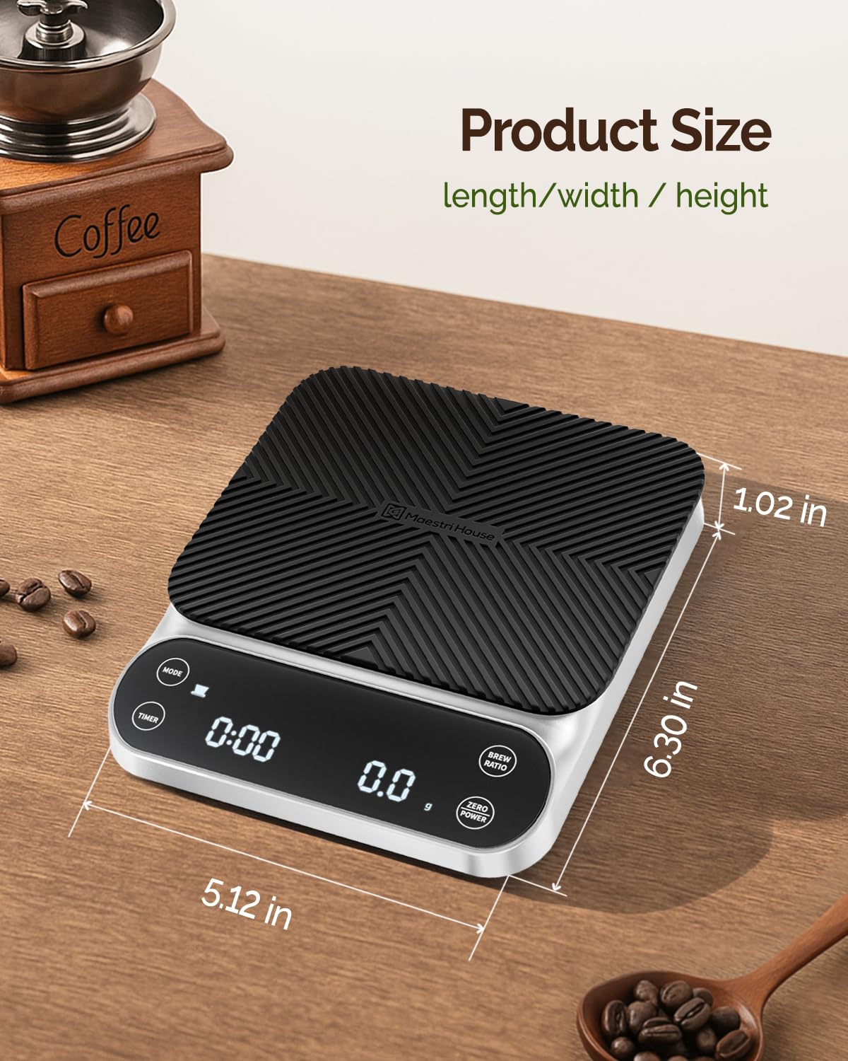 Maestri House S3 Balance à café avec minuteur, 3 kg/0,1 g, balance numérique rechargeable, 3 modes d'infusion, rapports réglables et affichage du débit, qualité barista pour verser, expresso