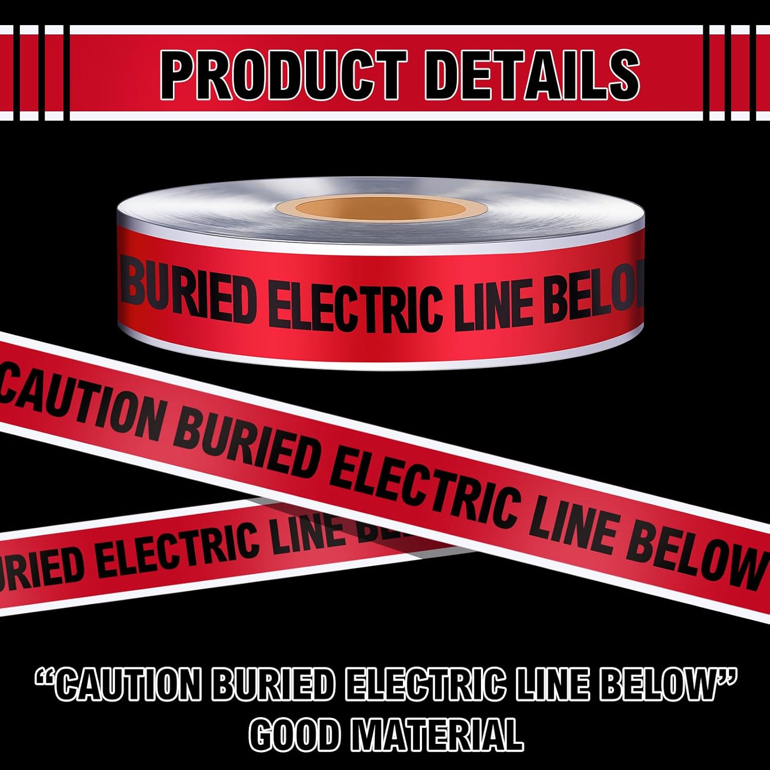 Copkim 2 Roll 3 Inch x 1000 Feet Detectable Safety Tape Buried Gas Line Electrical Caution Safety Warning Tape for Underground Buried Electric Wire Gas Line, Black Print (Red)