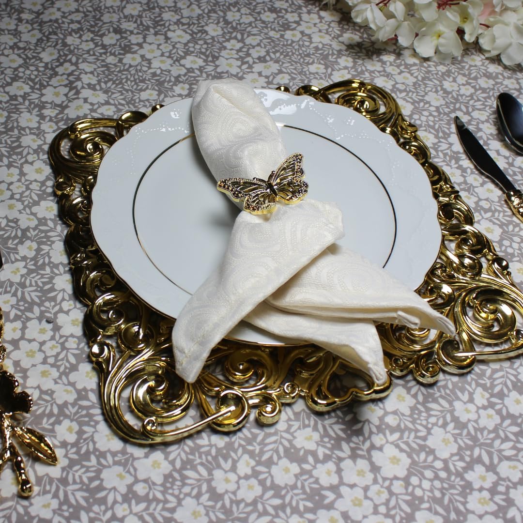 50 Pieces Gloria Gold Charger Plates campaign 12"x12" Acrylic unbreakable lifetime wedding decoration charger plates for luxe wedding halls and event planners.