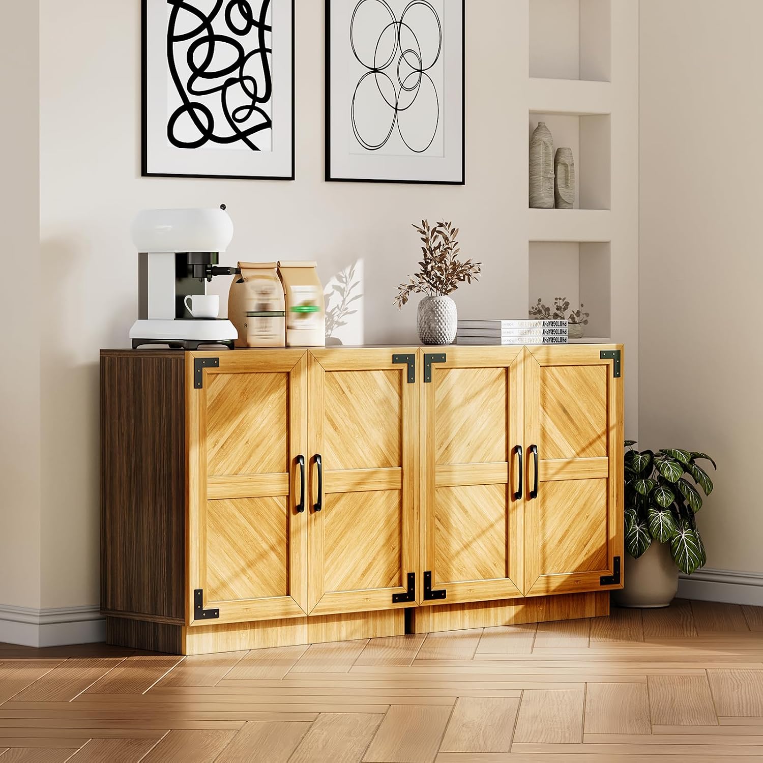 31.5" Modern Farmhouse Sideboard Buffet Cabinet with Adjustable Shelves, Minimalist Kitchen Credenza Storage Cabinet with Doors & Coffee Bar for Living Room, Dining Area & Entryway