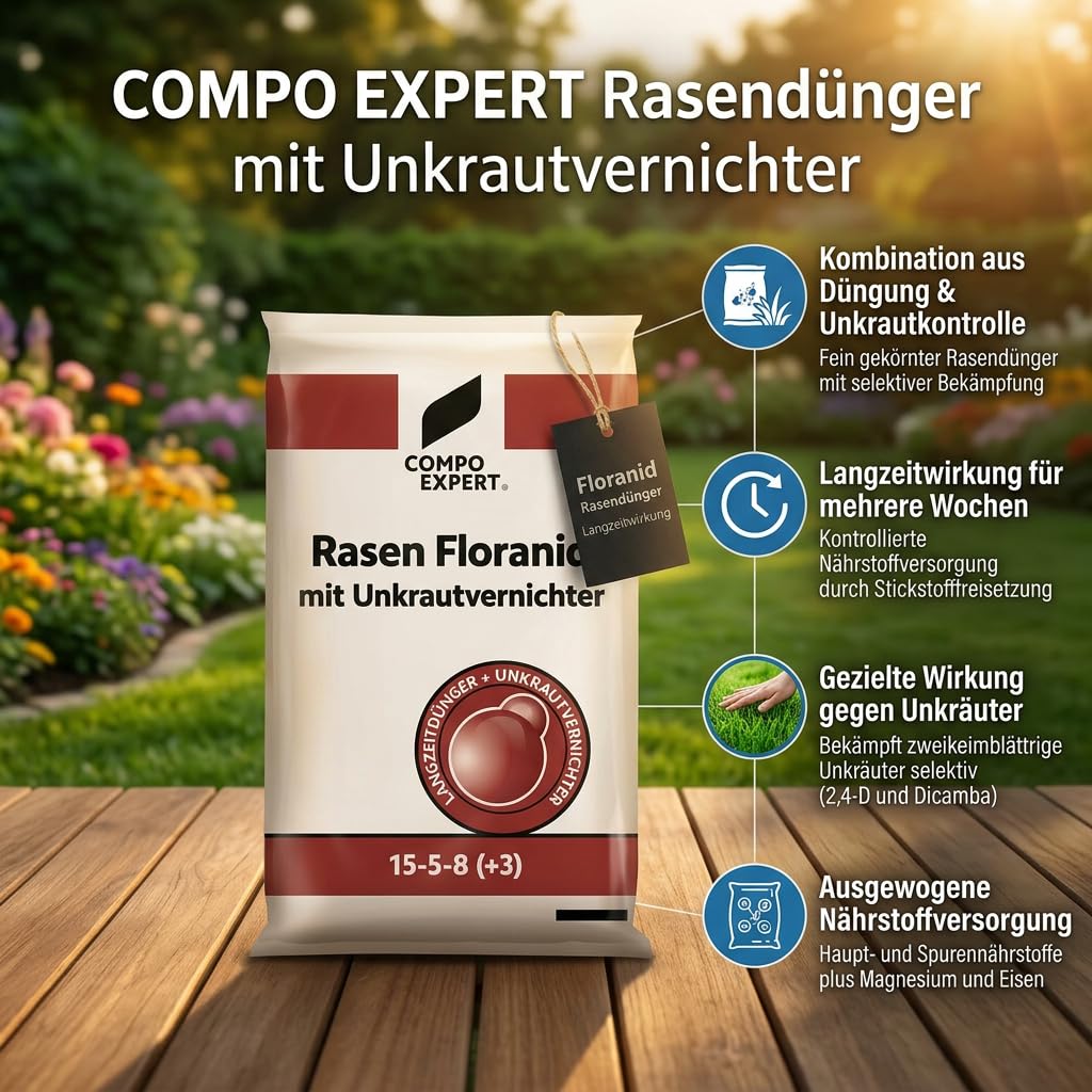 COMPO EXPERT Rasendünger mit Unkrautvernichter und Langzeitwirkung gegen Unkraut - Rasen Floranid® 15-5-8(+3) mit Unkrautvernichter | Gegen Unkraut - Rasen Floranid® 15-5-8(+3) mit Unkrautvernichter