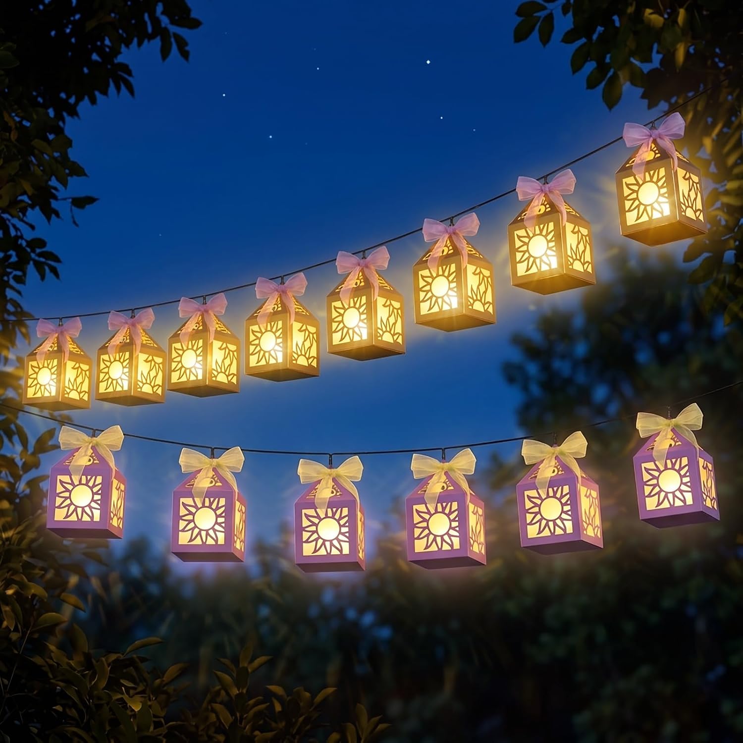 15PCS Princess Party Decorations Gold Purple Sun Lanterns Centerpieces with LED Lights Ribbon for Girls Fairy Birthday Table Decor (Batteries Not Included)
