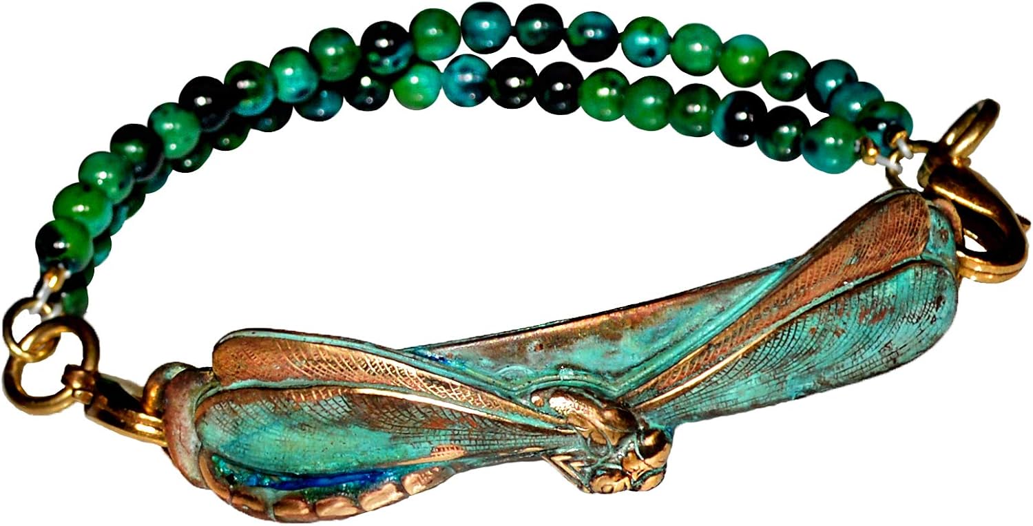 Verdigris Patina Solid Brass Realistic Dragonfly Medium Bracelet