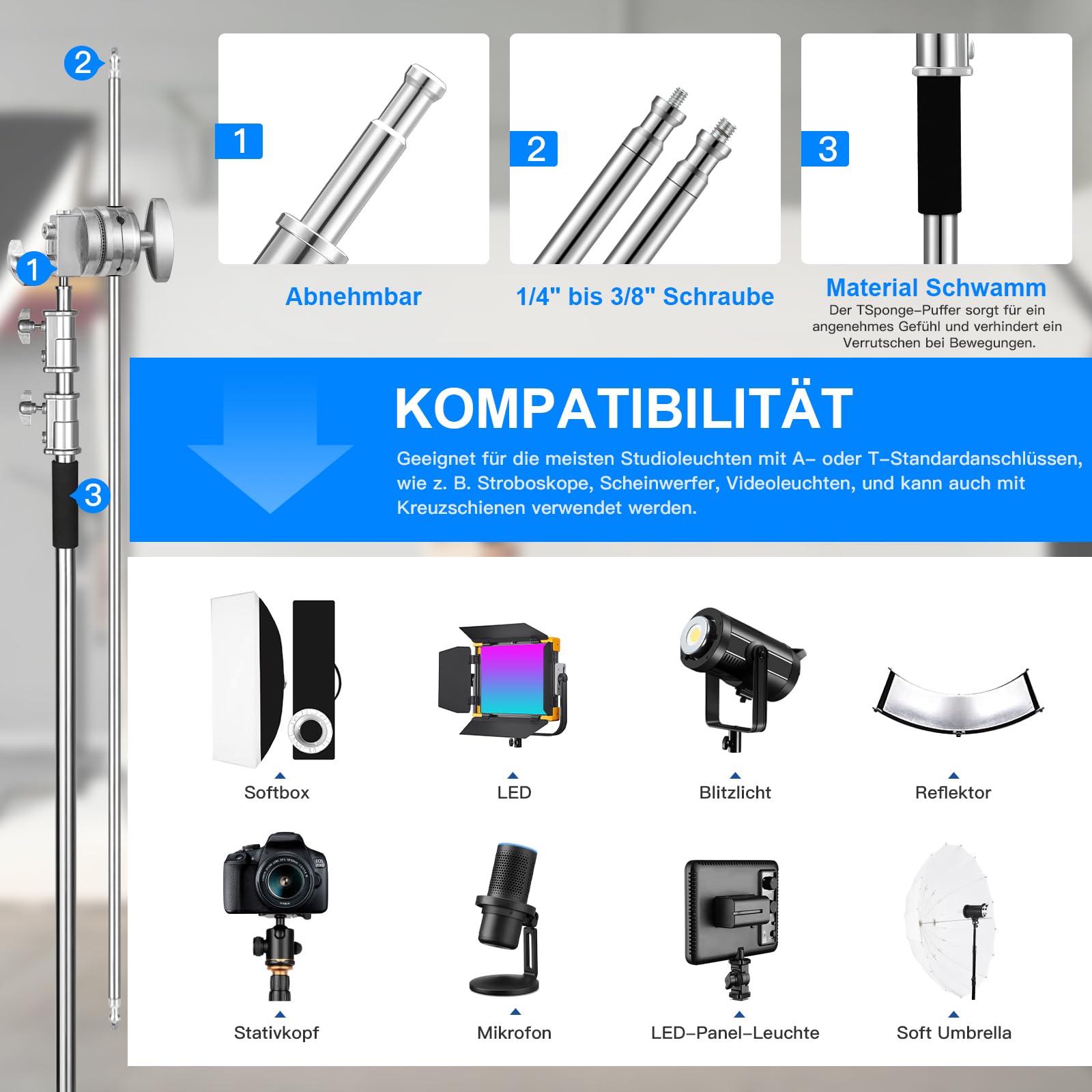 Soonpho C Stand Stainless Steel Heavy Duty With Boom Tripod 330 Cm And 130 Cm Holding Arm Kit, 1 Grip Head Adjustable, Light Stand, For Recording Studio, Softbox, Monolights, Photo Reflectors