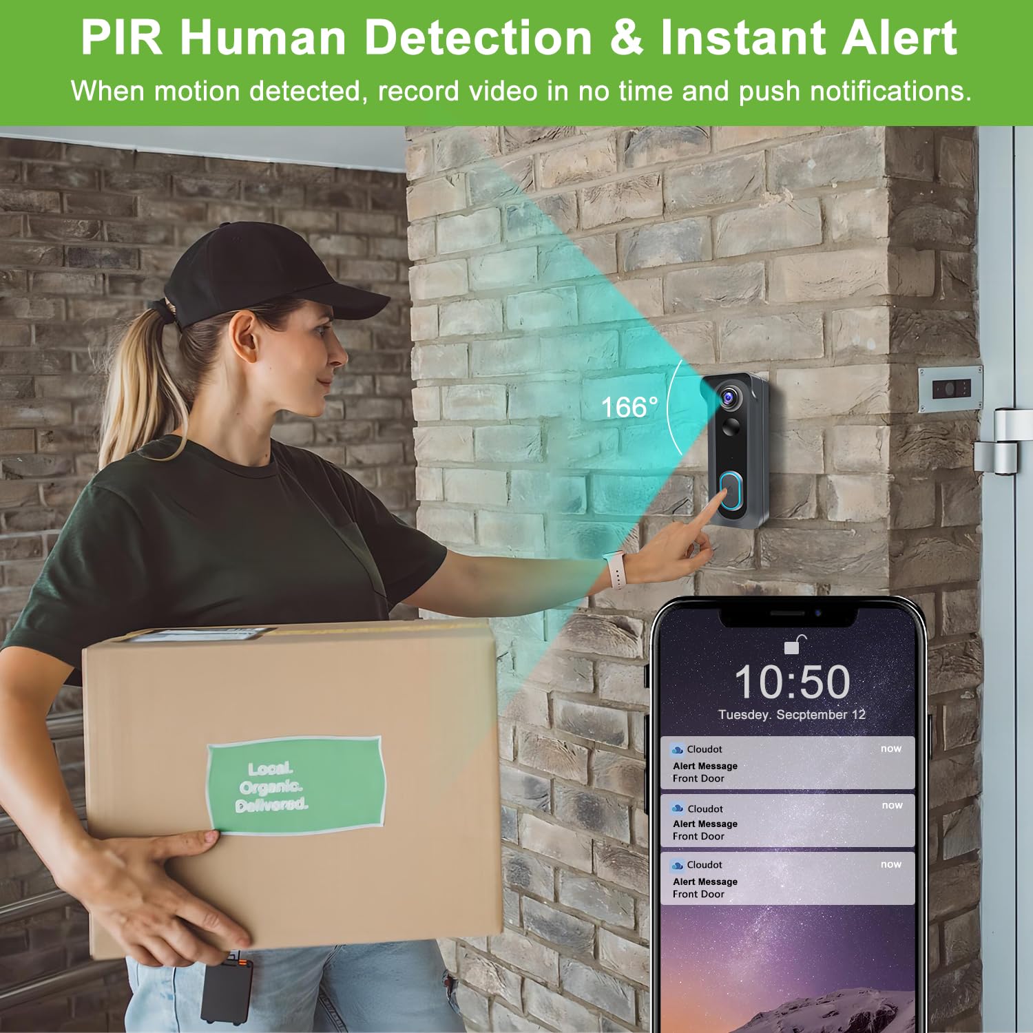 KAMEP Cámara de timbre de video inalámbrica, cámara inteligente WiFi 2K HD, detección de movimiento PIR, audio bidireccional, visión nocturna, funciona con pilas, impermeable IP66, interior y exterior