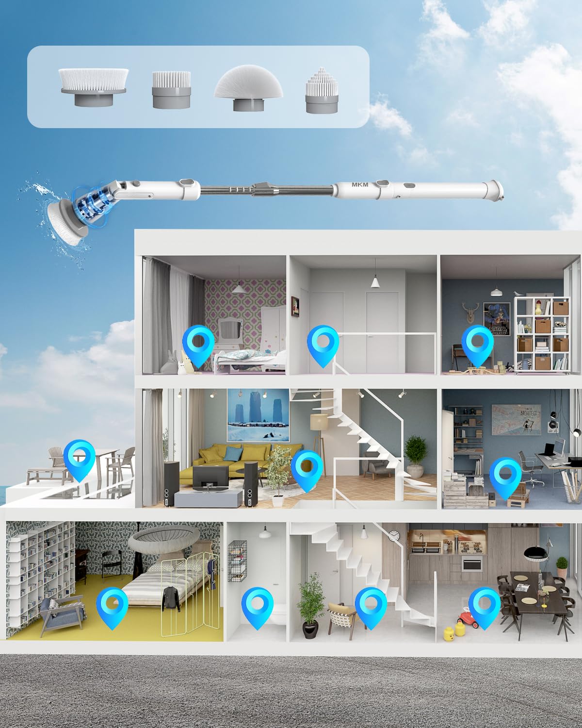 MKM Cepillo eléctrico giratorio para limpiar el suelo de la bañera del baño y la ducha de azulejos, máquina de mano inalámbrica automática de 360 grados de largo, herramienta motorizada giratoria de