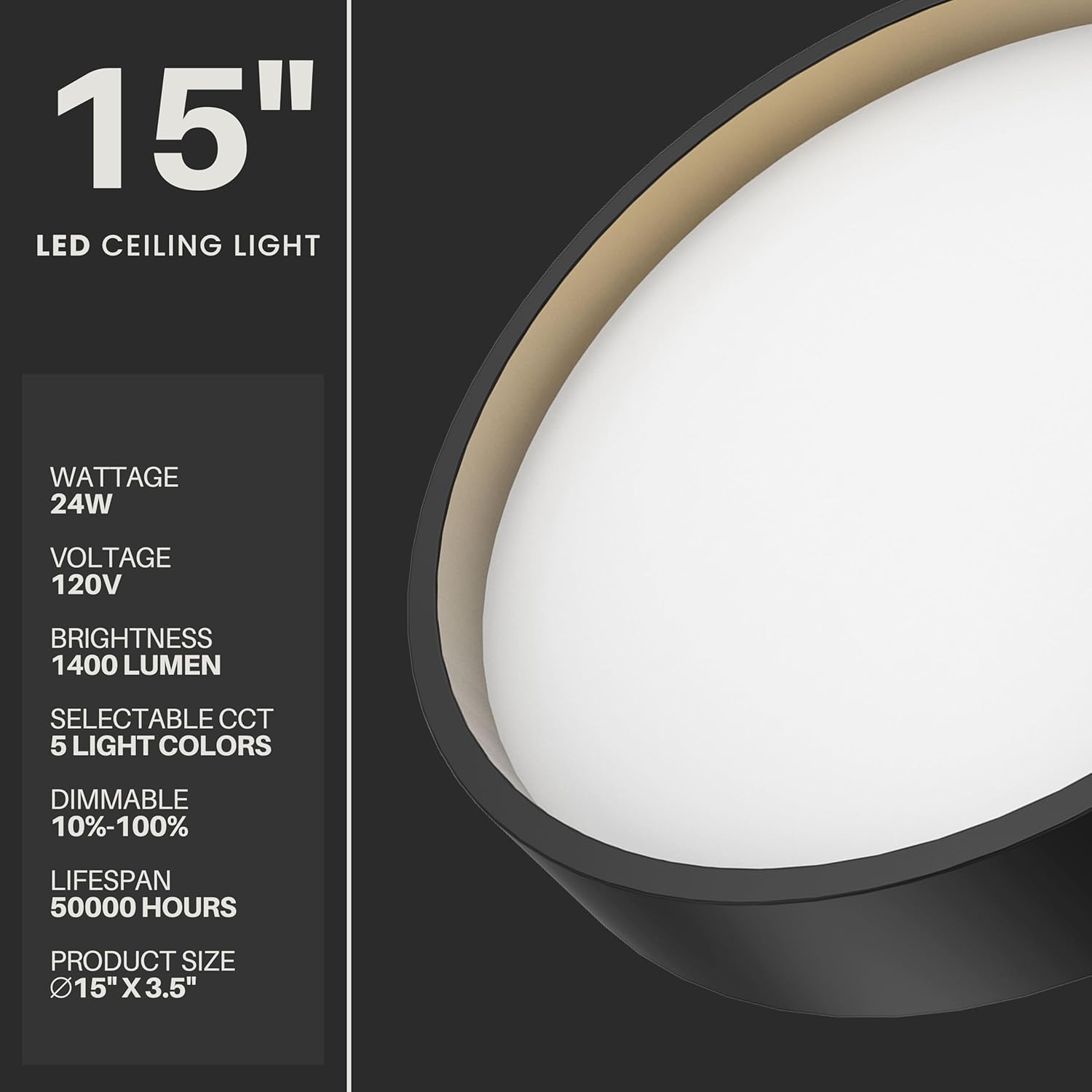 DYMOND Matte Black LED Ceiling Light 15 inch Flush Mount Dimmable Fixtures Minimalist Round 5 Colors Selectable Surface Mount Ceiling Lamp for Kitchen, Hallway, Bedroom, Living Room