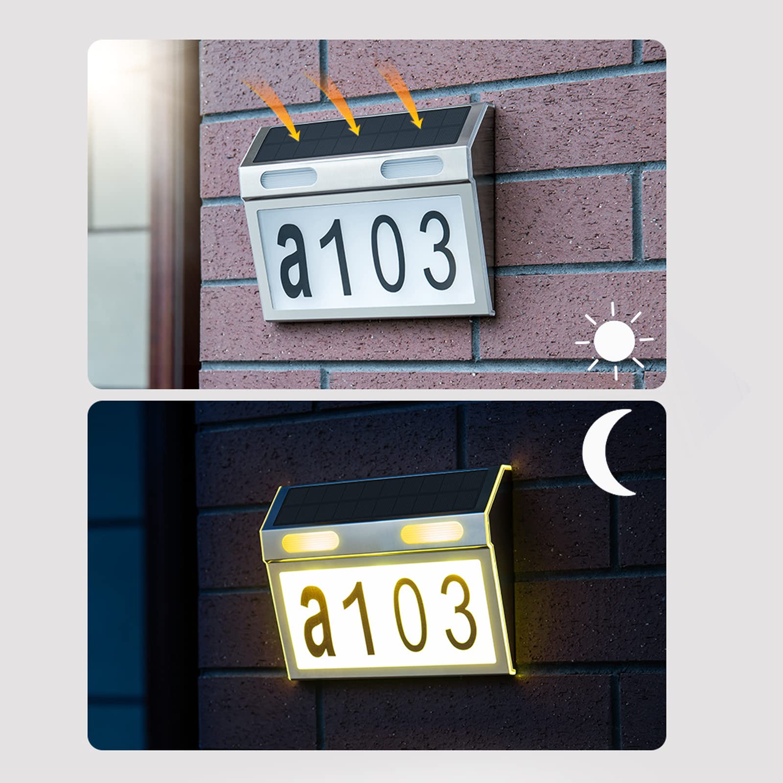 IP65 Solarna lampka numeryczna do drzwi, ze stali nierdzewnej, na zewnątrz, LED, solarne tablice z numerami domu z 3 trybami jasności, światła na ścianę, na zewnątrz, znaki numeryczne