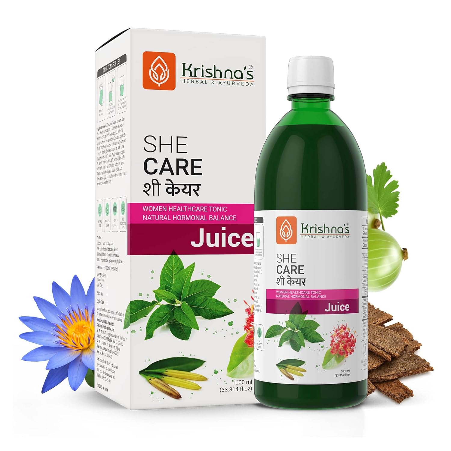 KRISHNA’S HERBAL & AYURVEDA She Care Juice 1000ml, Herbal Supplement for Hormonal Balance, PCOS, PCOD, Period Pain Relief, Hair and Skin Health | Women Wellness Juice