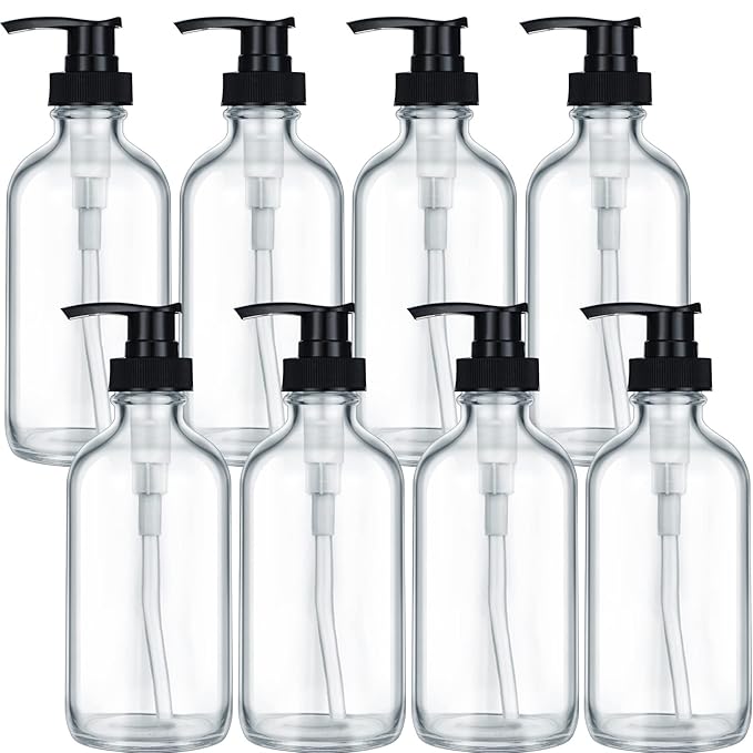 8 Pack Glass Pump Bottles with Black Lotion Pumps, 8 oz