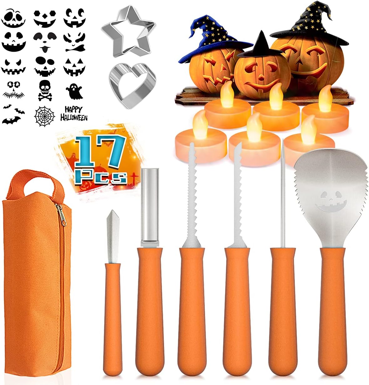 17 PCS Pumpkin Carving Kit for Kids&Adults with Witch Hats LED Candles Stainless Molds Pumpkin Carving Cutting Knife Set